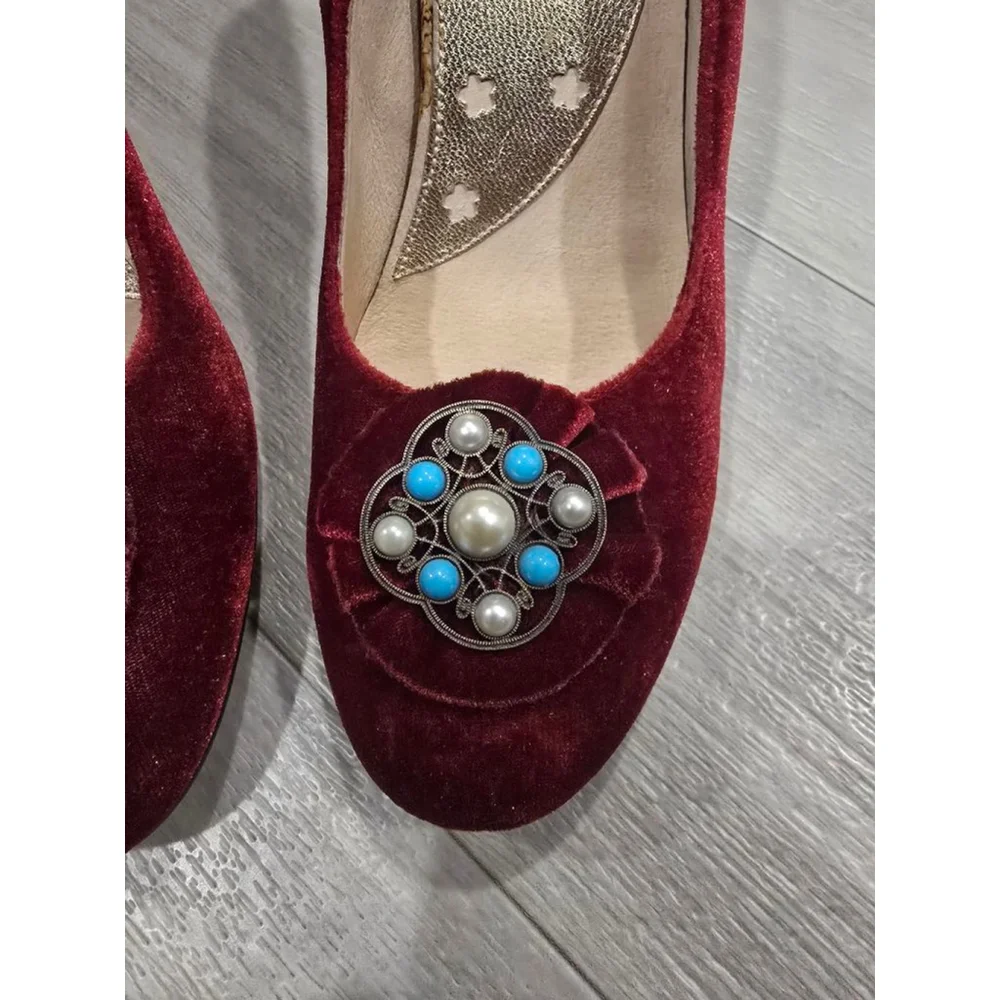 Ginger Goff Burgundy Velvet Heels with Turquoise Size 8.5